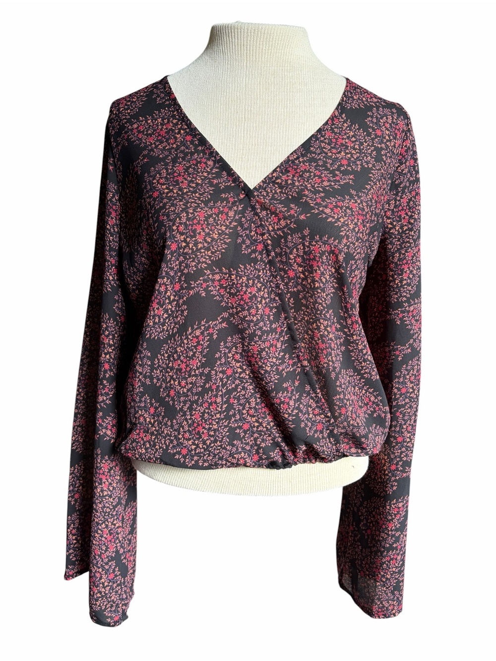 V-Neck Long Bell Sleeve Floral Blouse